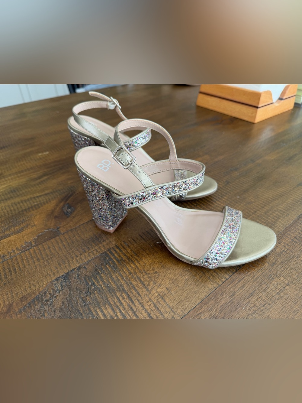 bp Multi-Glitter Block Heel Sandals in Gold